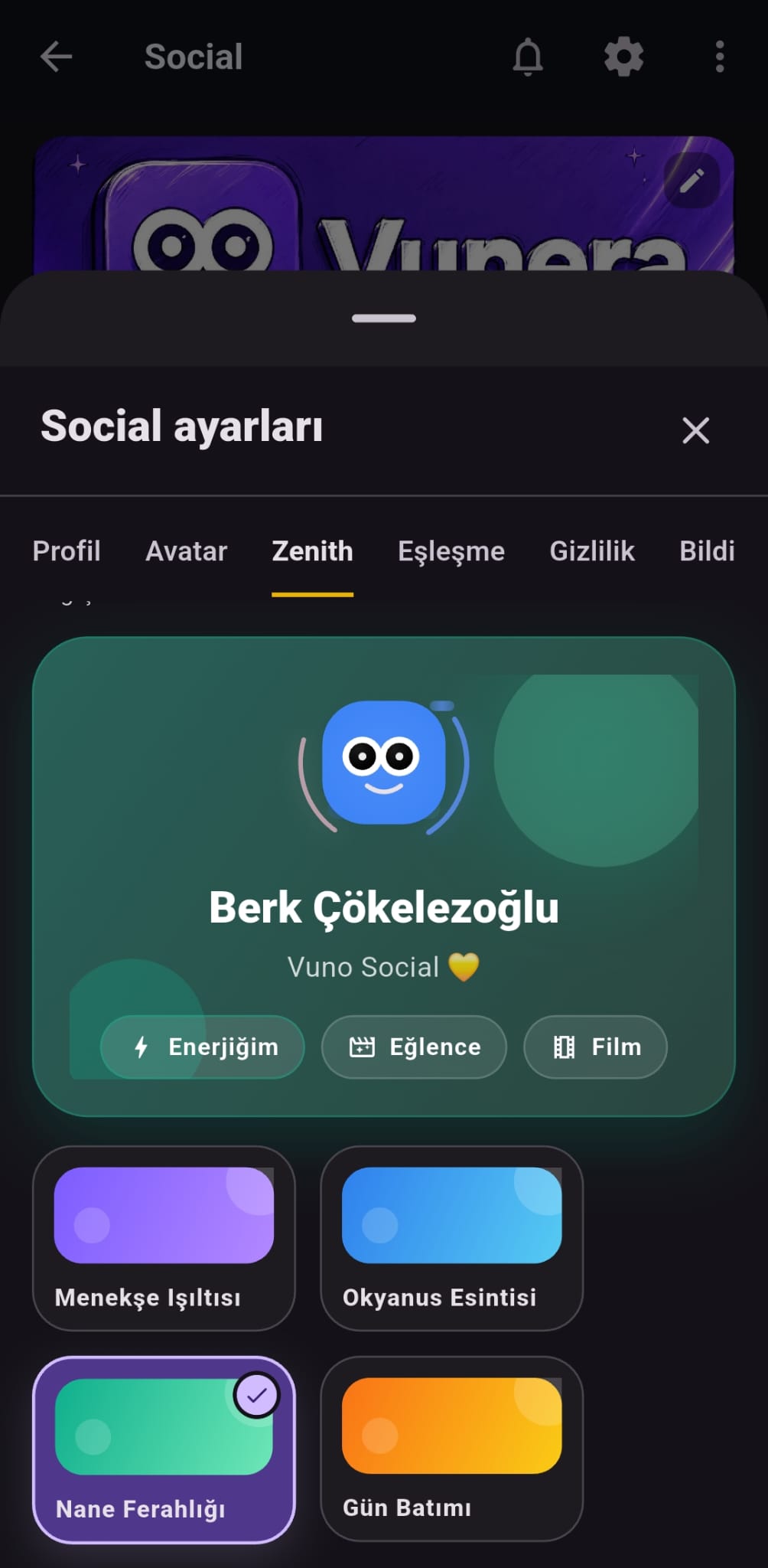 Vuno Social Mini Profil kartı ve hızlı önizleme ekranı