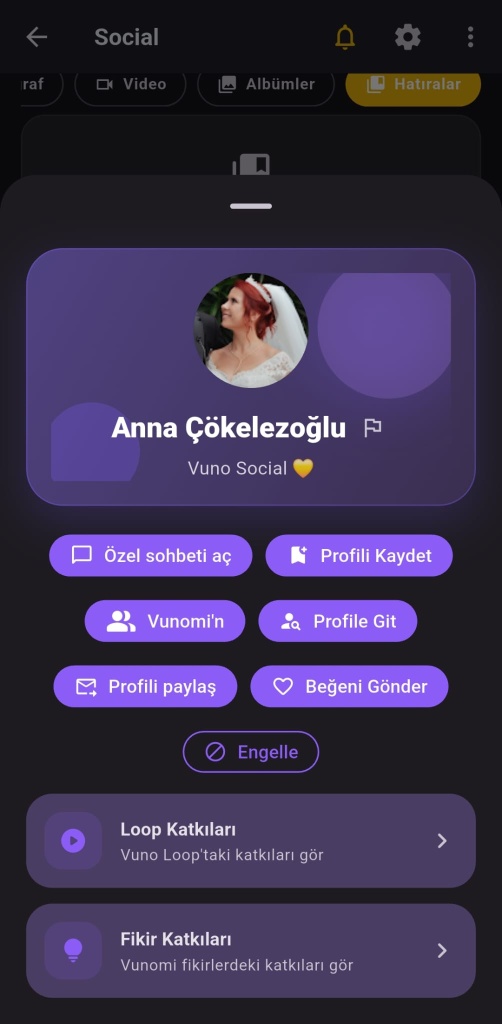 Vuno Social Mini Profil kartı ve hızlı önizleme ekranı